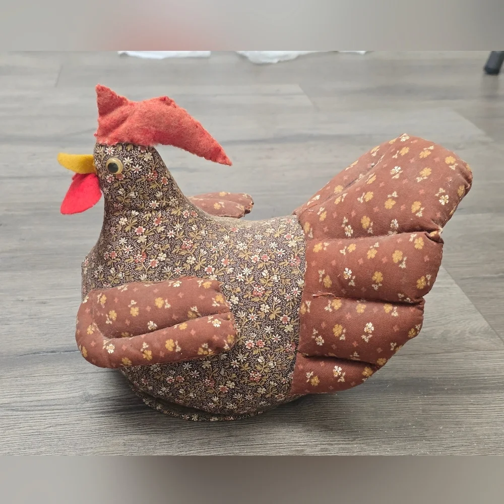 Handmade 1970s Vintage Chicken Quilted Brown Small Floral Prints Decor Farmhouse
